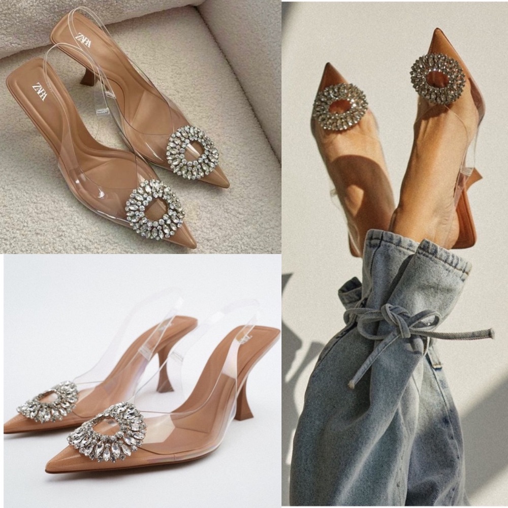 Zara Nude Clear Slingback Heels with Crystal Medallion